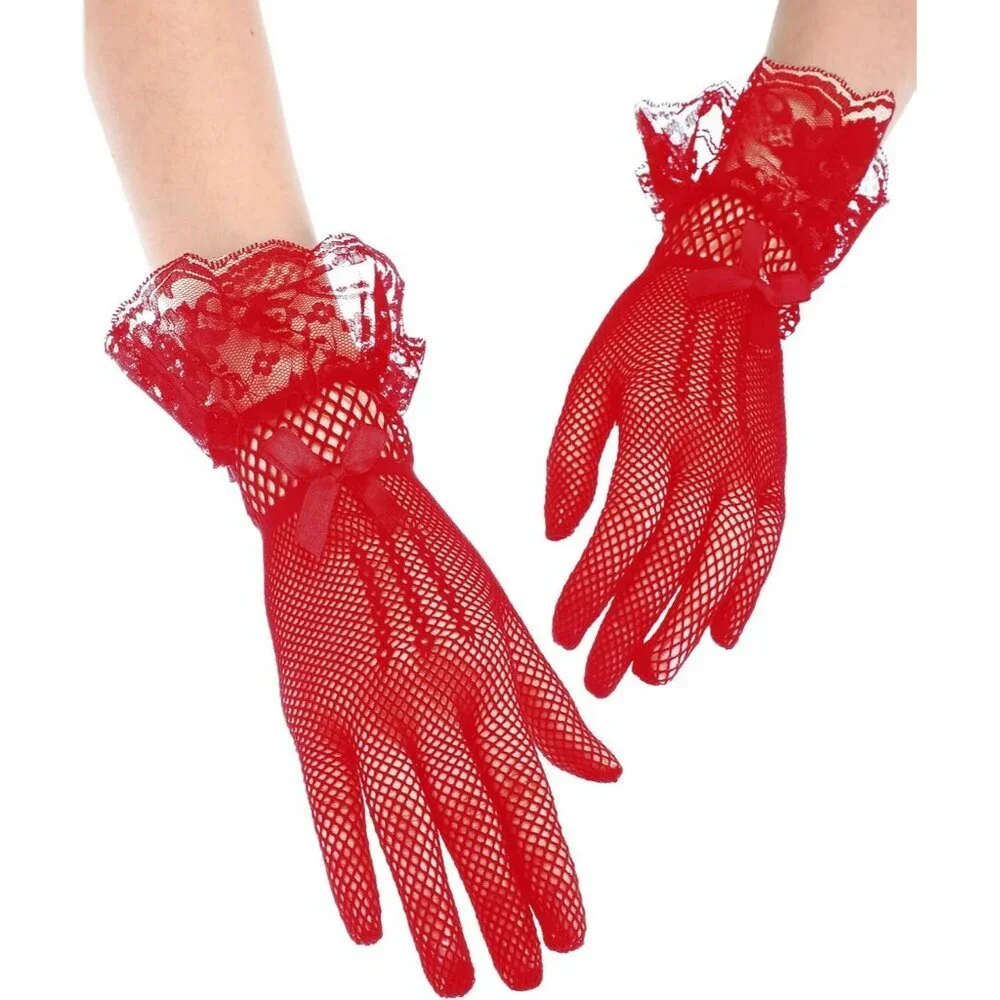 Women's Elegant Wine Red Short Bow Style Lace Gloves Dinner Wedding Party Prom